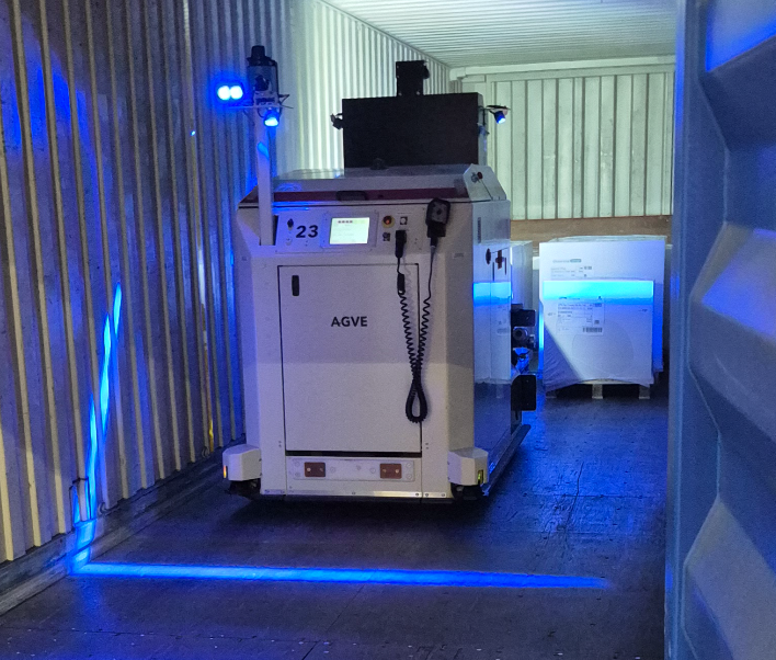 BlueLine and BlueSpot AGV safety lights alerting nearby personnel of an approaching AGV
